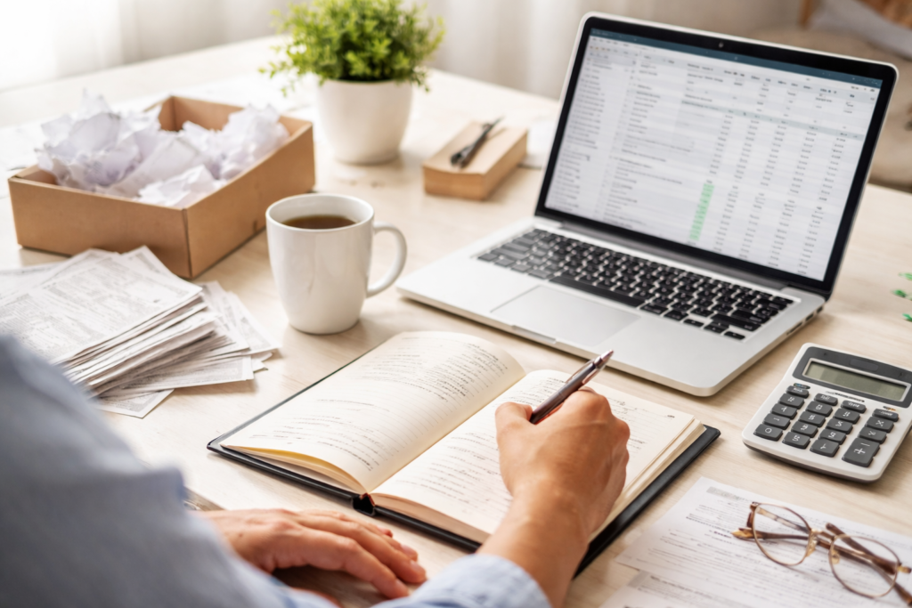 small business owner organizing finances for tax season with receipts and laptop